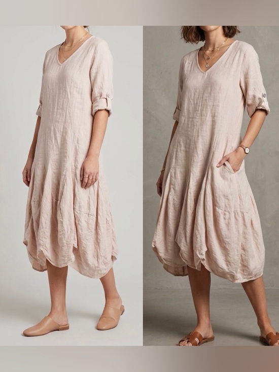 Dresses & Skirts - Bohabille Linen Dress Beige Italian Lagenlook Bubble Hem Midi Boho